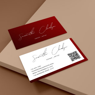 Simple Maroon White Handwritten Script QR code Business Card