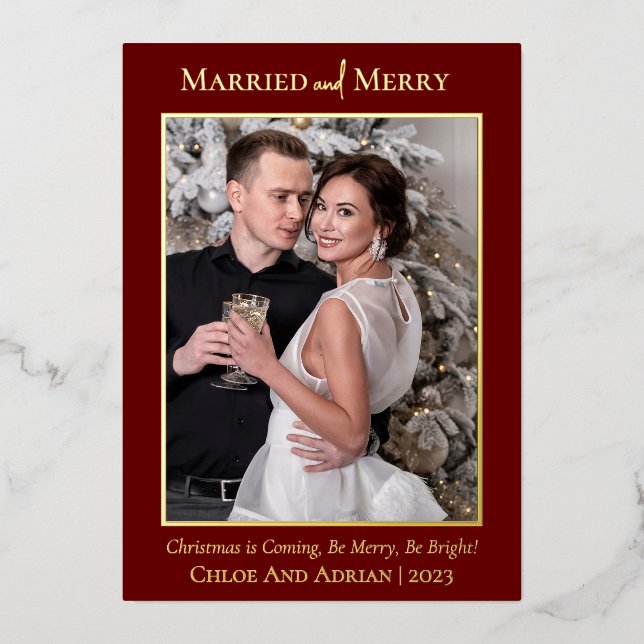 Simple Married and Merry Newlywed Christmas Photo Foil Holiday Card (Front)