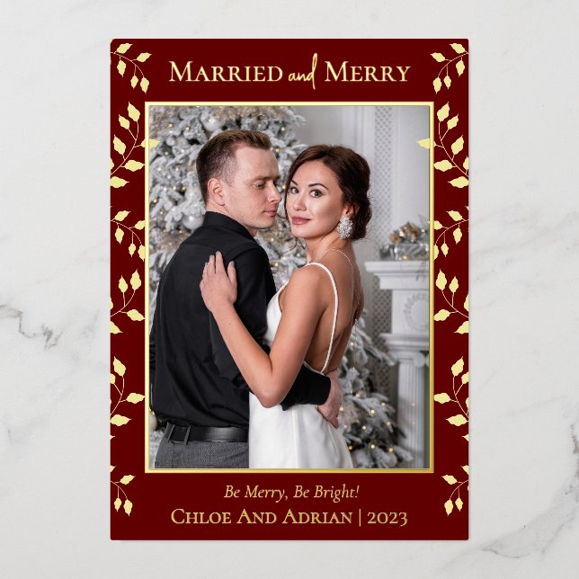 Simple Married and Merry Newlywed Christmas Photo Foil Holiday Card (Front)
