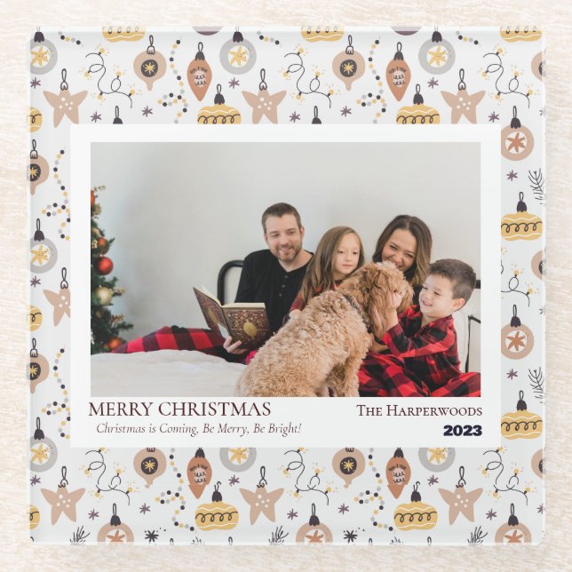 Simple Married and Merry Newlywed Christmas Photo Glass Coaster (Front)