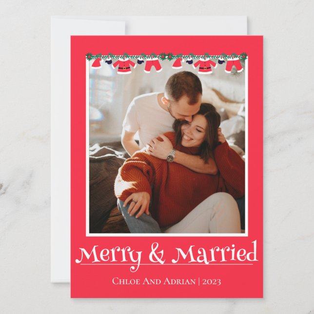 Simple Married and Merry Newlywed Christmas Photo Holiday Card (Front)