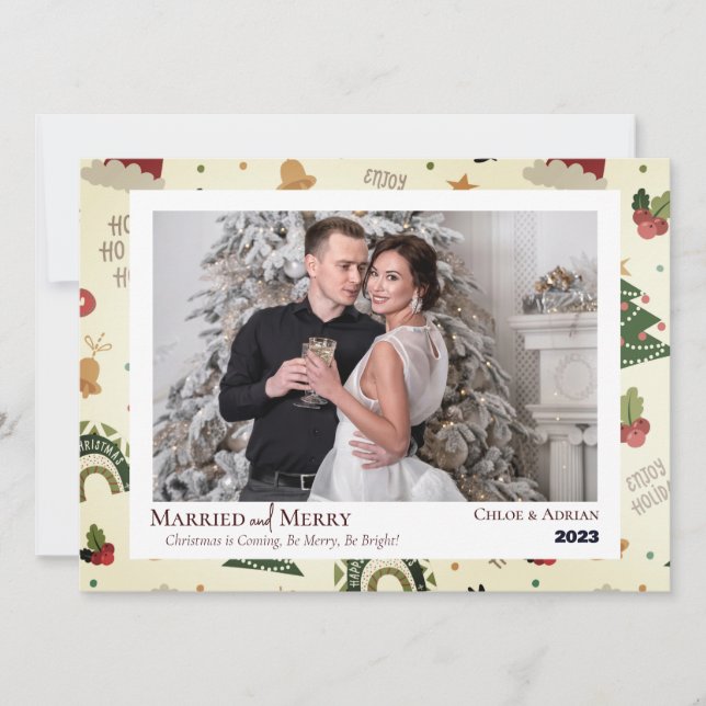 Simple Married and Merry Newlywed Christmas Photo Holiday Card (Front)