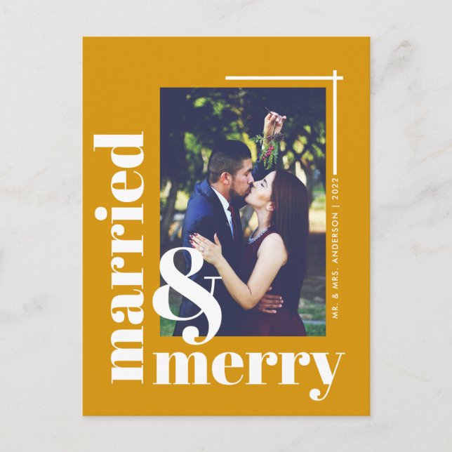 Simple Married and Merry Photo Christmas Holiday Postcard (Front)