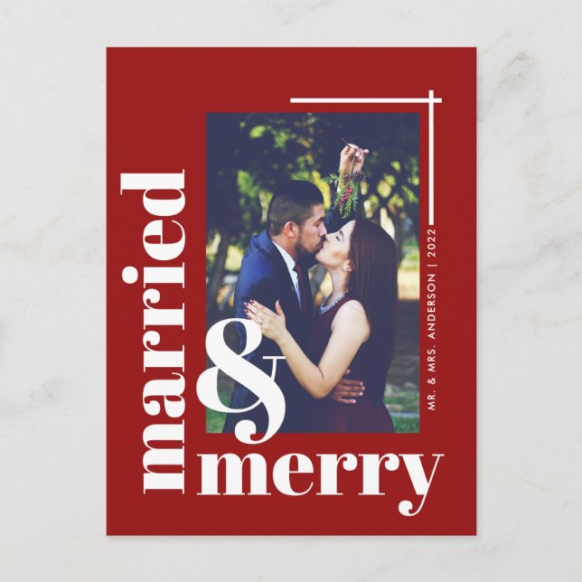 Simple Married and Merry Photo Christmas Holiday Postcard (Front)