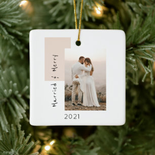Simple Married and Merry Photo Newlywed Ceramic Ornament