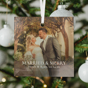 Simple Married & Merry Newlywed Photo, Christmas Glass Tree Decoration