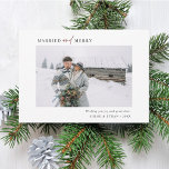 Simple Married & Merry Newlyweds Photo Landscape Holiday Card<br><div class="desc">Modern and simple Christmas | Holiday photo card with green and white pine branch pattern on the back. For more advanced customization of this design,  please click the BLUE DESIGN TOOL BUTTON to change font,  size,  and color.</div>
