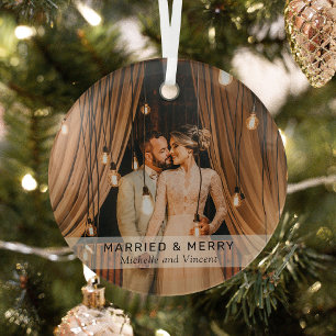Simple 'Married & Merry' Photo Keepsake Glass Tree Decoration