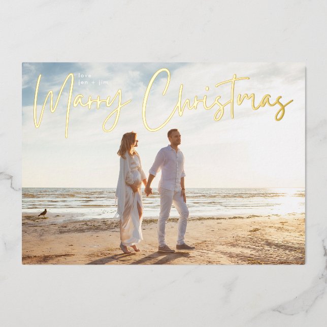 simple MARRY CHRISTMAS Gold Photo  Foil Holiday Card (Front)
