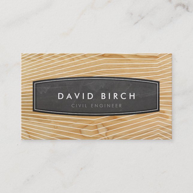 SIMPLE masculine chalkboard badge wood grain look Business Card (Front)