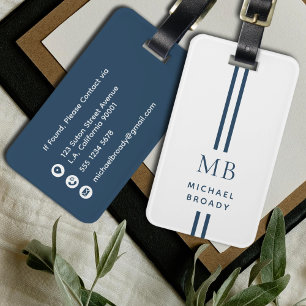Simple Masculine Dark Blue and White Monogram Luggage Tag