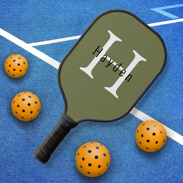 Simple Masculine Green Monogram Name + Initial Pickleball Paddle (Creator Uploaded)