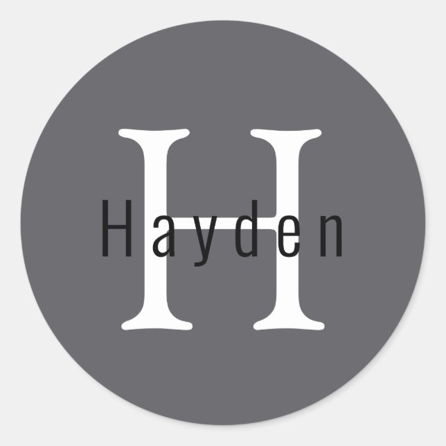 Simple Masculine Grey Monogram Name + Initial Classic Round Sticker (Front)
