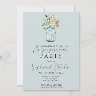 Simple Mason Jar Bouquet Blue Engagement Party Invitation