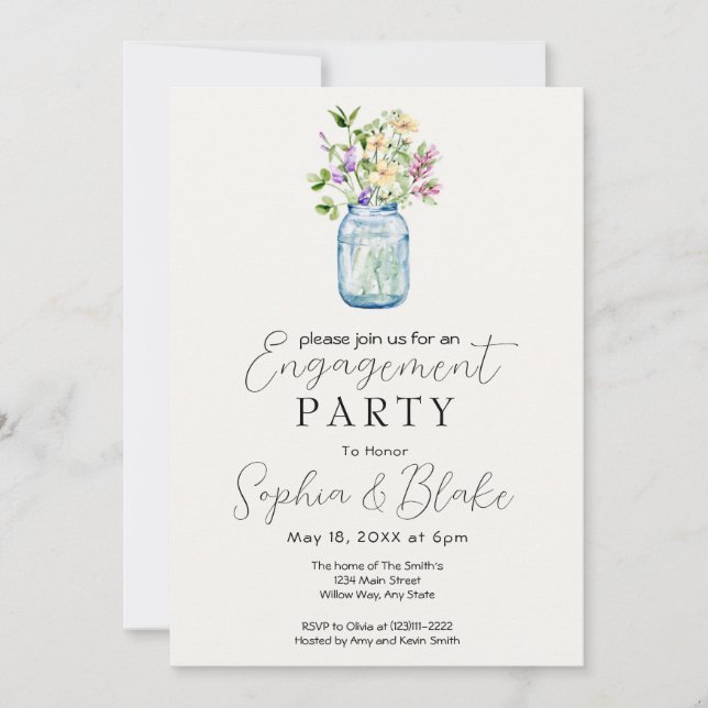 Simple Mason Jar Bouquet Cream Engagement Party Invitation (Front)