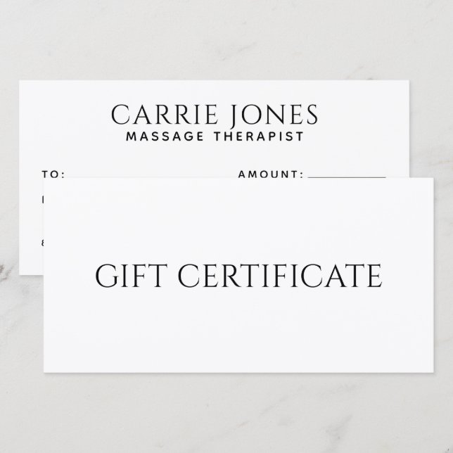 Simple Massage Therapist Gift Certificate (Front/Back)