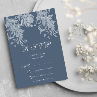 Simple mauve blue white floral lace RSVP Invitation