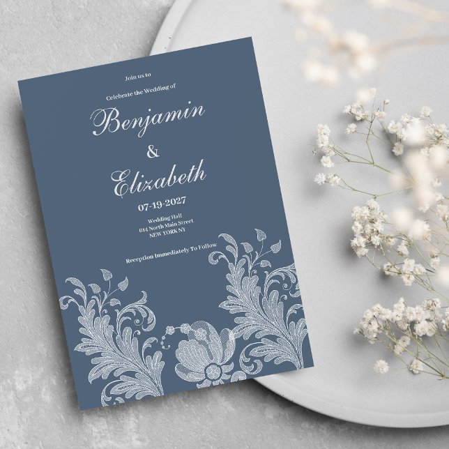 Simple mauve blue white floral lace Wedding  Invitation (Simple mauve blue white floral lace Wedding )