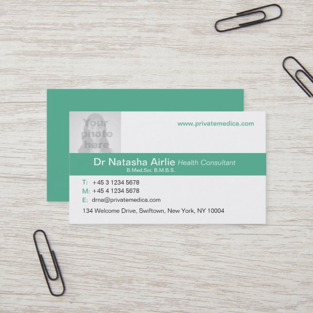 Simple medical green/white photo business card (Front/Back In Situ)