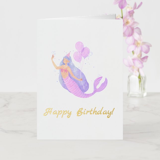 Simple Mermaid Birthday Foil Greeting Card (Orchid)