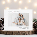 Simple Merry and Bright Family Photo Landscape Holiday Card<br><div class="desc">Modern and simple Christmas | Holiday photo card with green and white pine branch pattern on the back. For more advanced customisation of this design,  please click the BLUE DESIGN TOOL BUTTON to change font,  size,  and colour.</div>