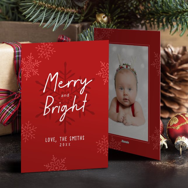 Simple Merry & Bright Script Snowflakes Christmas Holiday Card (Simple Merry & Bright Script Snowflakes Christmas Holiday Card)