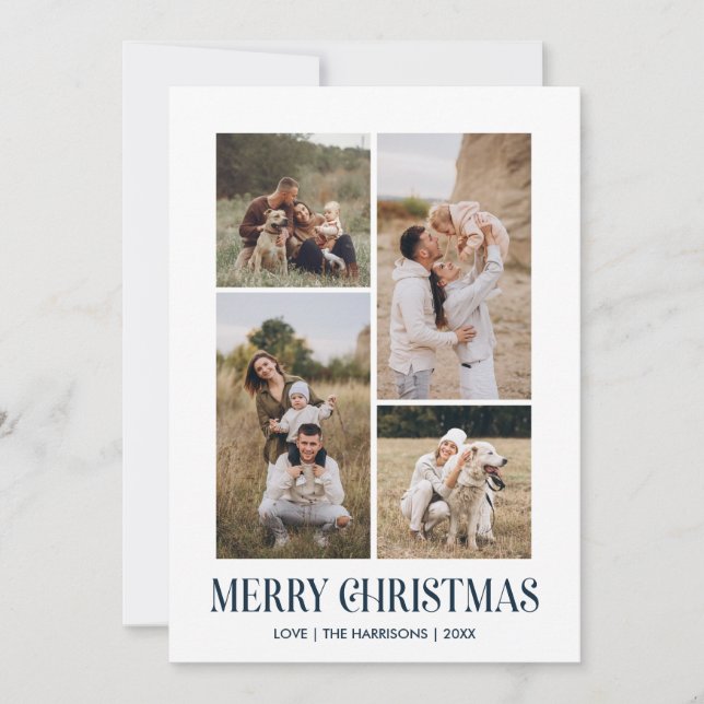 Simple Merry Christmas 4 Photo Collage | BLUE Holiday Card (Front)