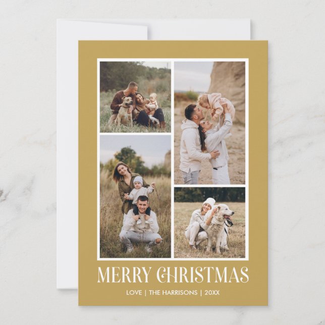 Simple Merry Christmas 4 Photo Collage | GOLD Holiday Card (Front)