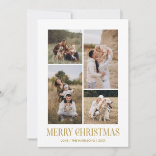 Simple Merry Christmas 4 Photo Collage   GOLD Holiday Card