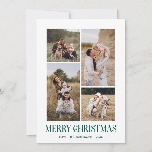 Simple Merry Christmas 4 Photo Collage | GREEN Holiday Card (Front)