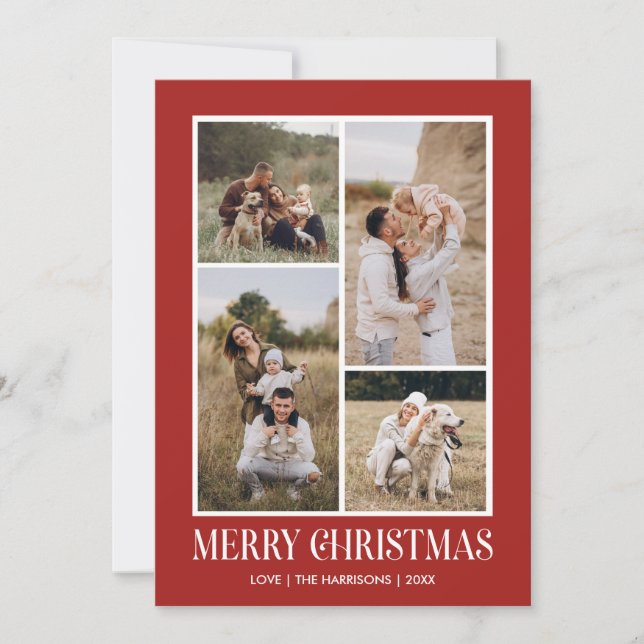 Simple Merry Christmas 4 Photo Collage | RED Holiday Card (Front)