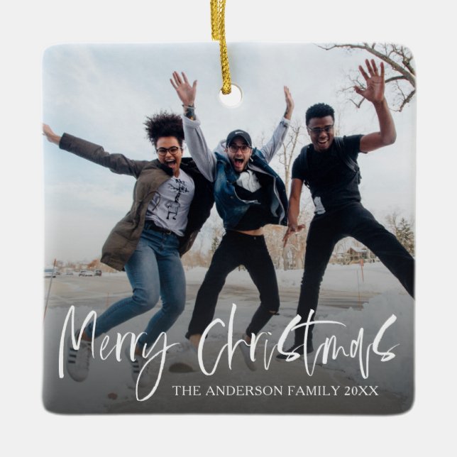 Simple Merry Christmas Black & White Christmas Ceramic Ornament (Front)