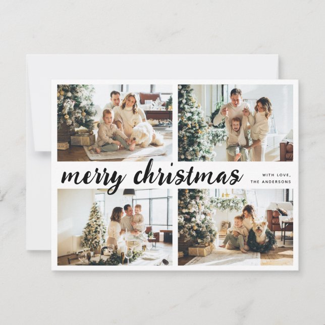 Simple Merry Christmas Calligraphy 4 Family Photo Holiday Card (Front)