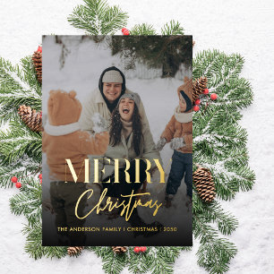 Simple Merry Christmas Family Photo Vintage Plaid Foil Holiday Card