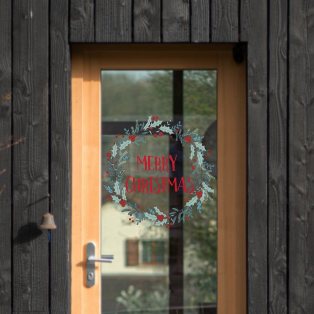 Simple Merry Christmas Flower Wreath Shop Window Cling (Simple Merry Christmas Flower Wreath Door Window Cling)