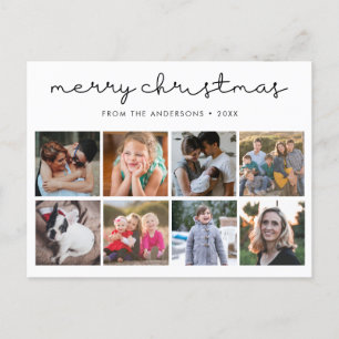 Simple Merry Christmas Minimalist Script 8 Photo Holiday Postcard