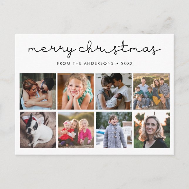 Simple Merry Christmas Minimalist Script 8 Photo Holiday Postcard (Front)