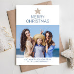 Simple Merry Christmas Modern Photo Beach Holiday Card<br><div class="desc">Simple Merry Christmas Modern Photo Beach Holiday Card. Fun modern minimalist design, with an easy cheerful coastal feel, shown in white with storm blue text dark sand coloured starfish, and one photo. Black has been left intentionally blank in solid with so you may add a handwritten note - or add...</div>