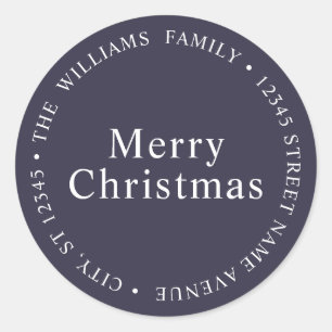 Simple Merry Christmas Navy Blue Return Address Classic Round Sticker