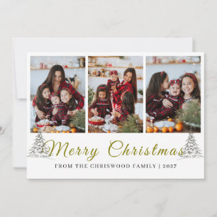 Simple Merry Christmas Pine Tree family 3 photo Holiday Card