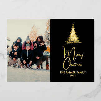 Simple Merry Christmas Pine Tree family photo Foil Holiday Card
