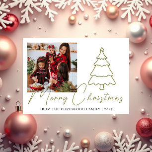 Simple Merry Christmas Pine Tree family photo Holiday Card
