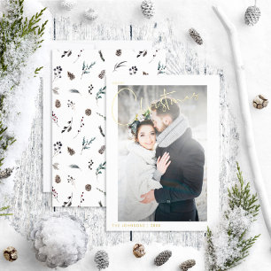Simple Merry Christmas Pinecone Wedding Photo Foil Holiday Card