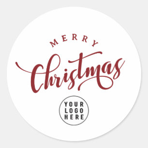 Simple Merry Christmas Red Script Business Logo Classic Round Sticker