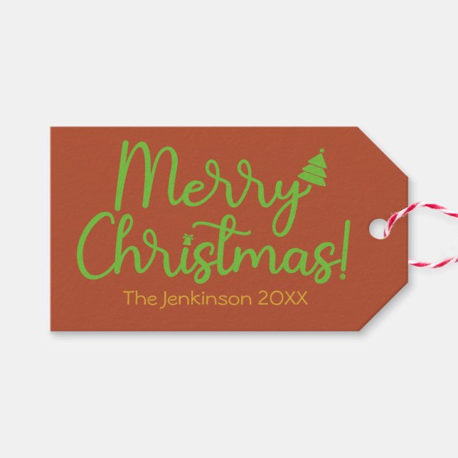 Simple Merry Christmas Reddish-Brown Gift Tag (Front (Horizontal))