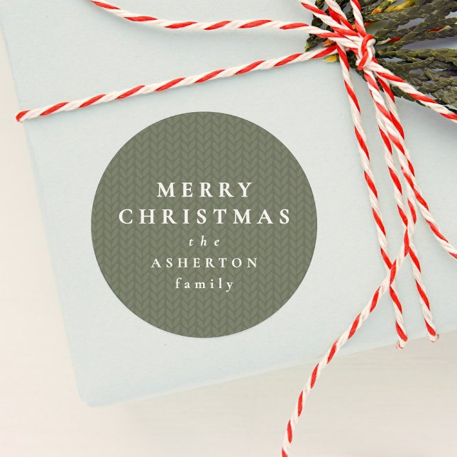 Simple Merry Christmas sage green knit pattern Classic Round Sticker (Creator Uploaded)