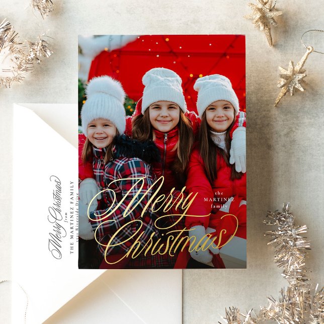 Simple Merry Christmas script two photo  Foil Holiday Card (Creator Uploaded)