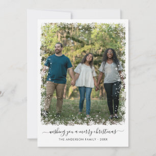 Simple Merry Christmas Snow Snowflake Script Photo Holiday Card