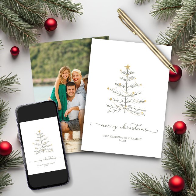 Simple Merry Christmas Tree Script Holiday Photo Card (Simple Merry Christmas Tree Script Holiday Photo Card)