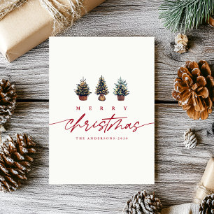 Simple Merry Christmas Watercolor Tree Script Holiday Card